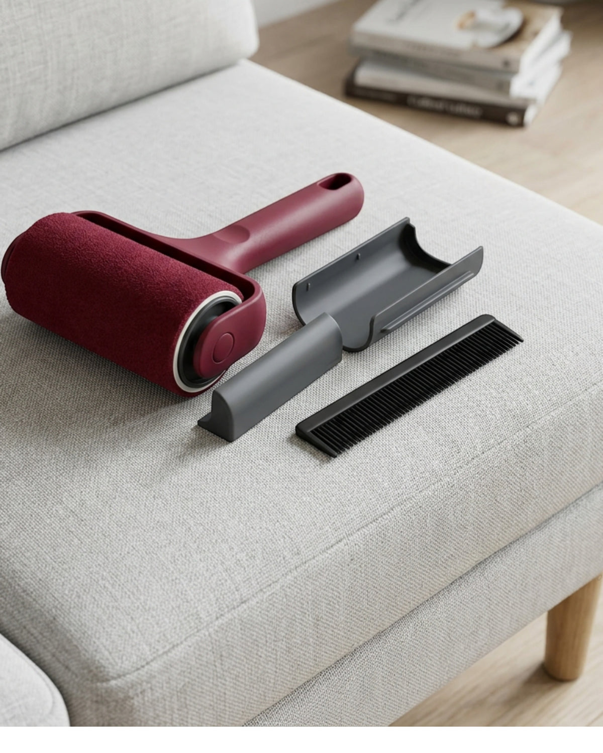 Hish Reversible Flocked-Wheel Lint Roller with Two Pods Burgundy - Lifestyle view